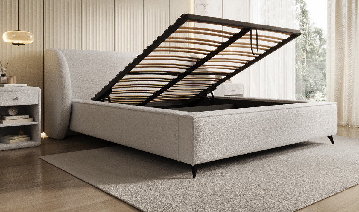 Design gestoffeerd bed Freya in Teddystof Bouclé met opbergruimte