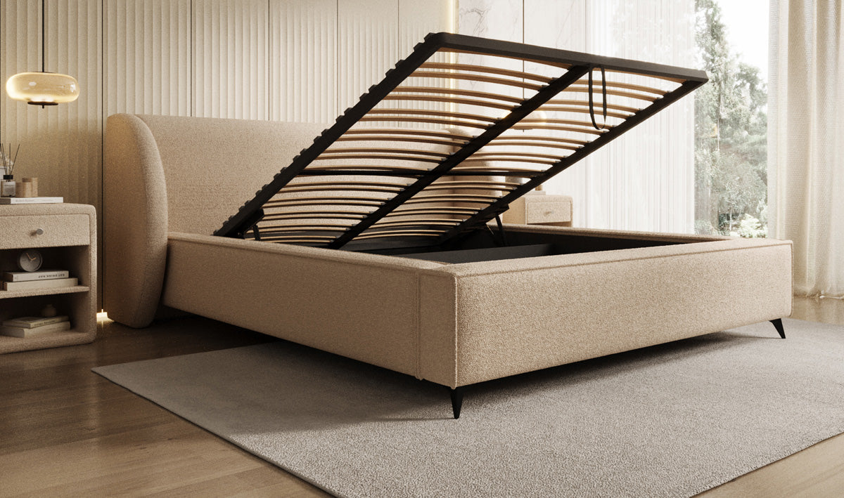 Design gestoffeerd bed Freya in Teddystof Bouclé met opbergruimte