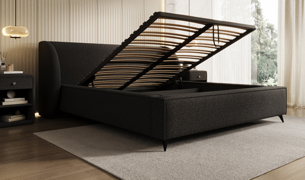 Design gestoffeerd bed Freya in Teddystof Bouclé met opbergruimte