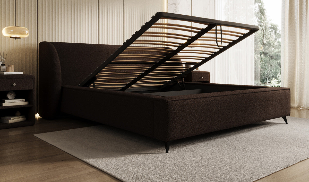Design gestoffeerd bed Freya in Teddystof Bouclé met opbergruimte