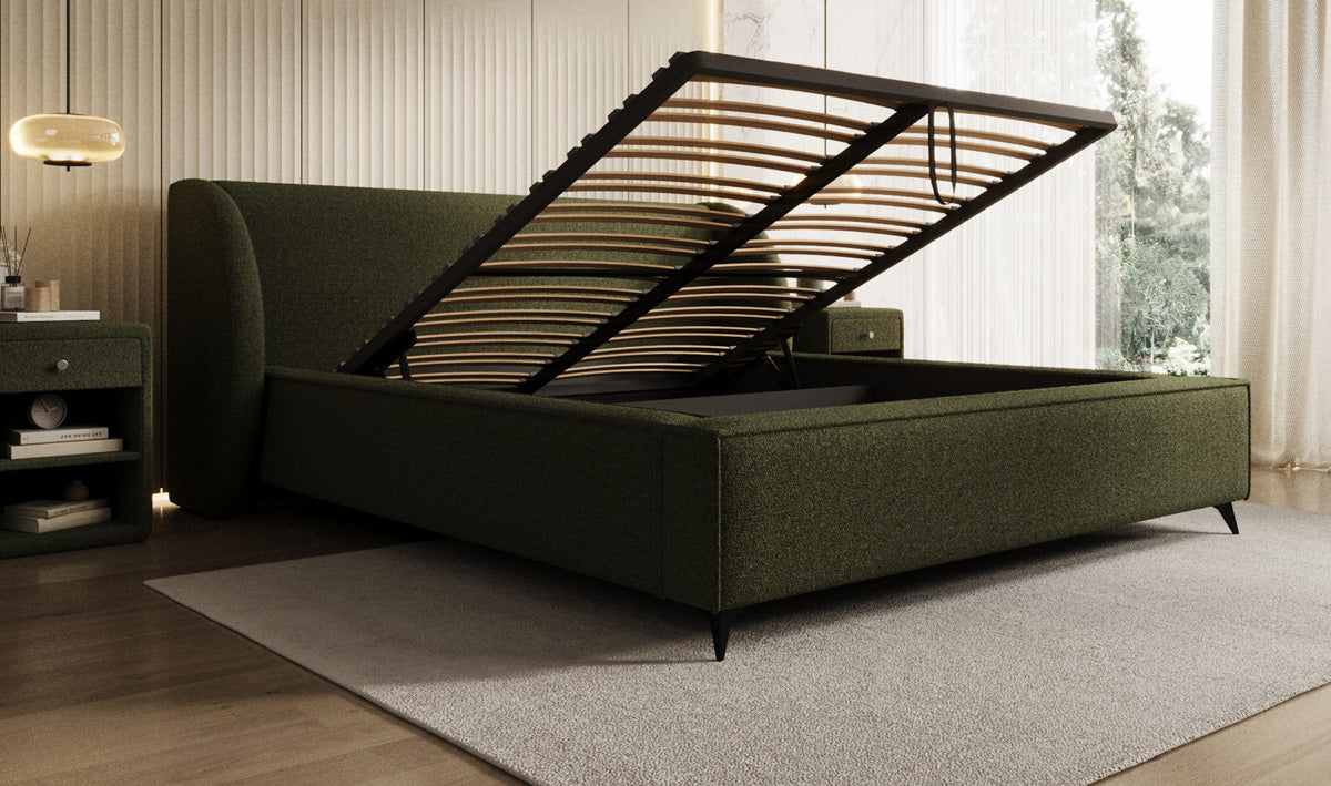 Design gestoffeerd bed Freya in Teddystof Bouclé met opbergruimte
