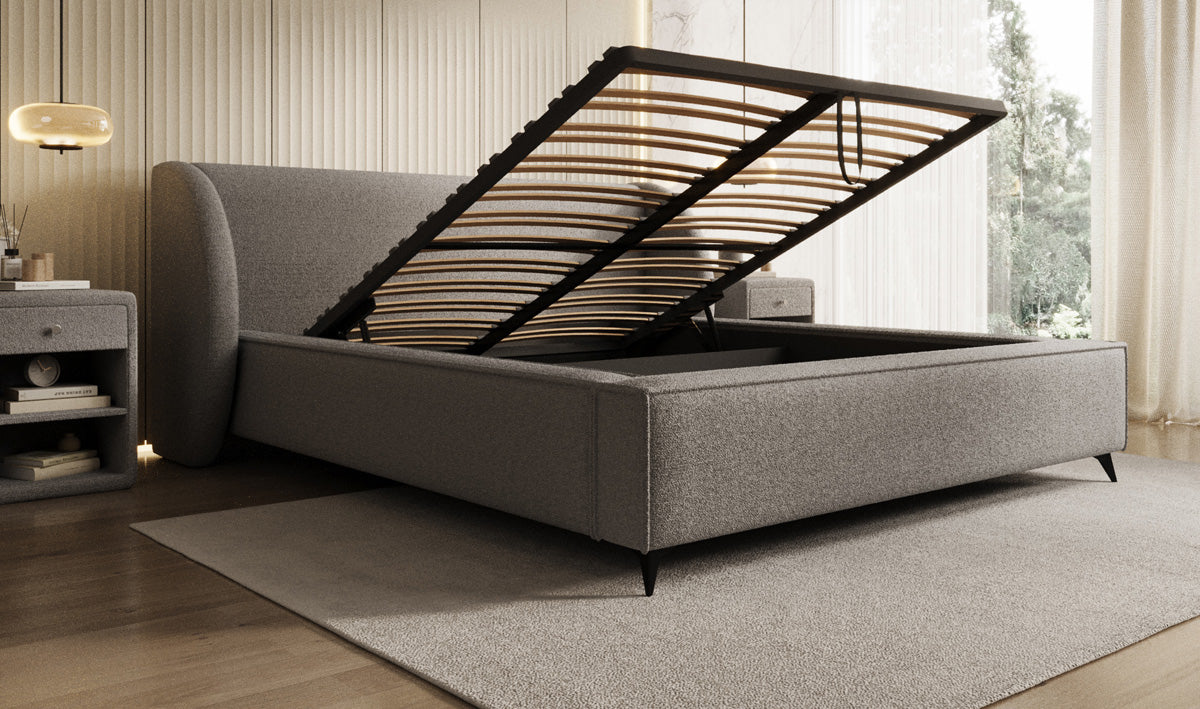 Design gestoffeerd bed Freya in Teddystof Bouclé met opbergruimte