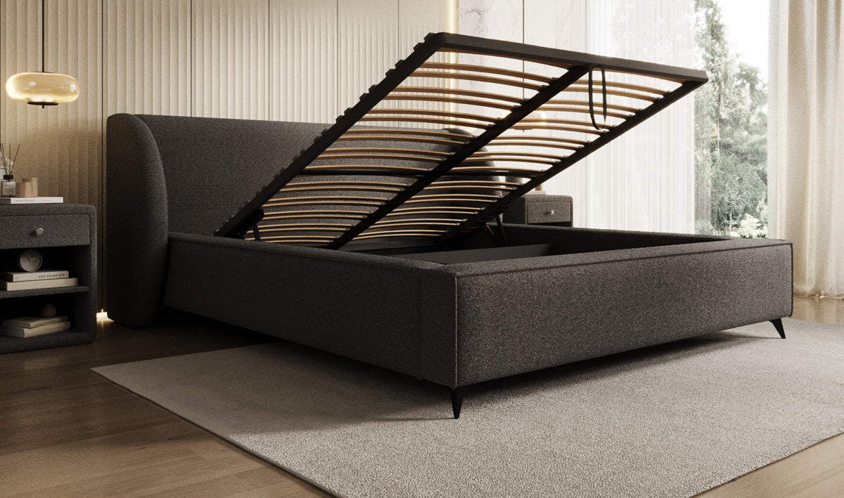 Design gestoffeerd bed Freya in Teddystof Bouclé met opbergruimte