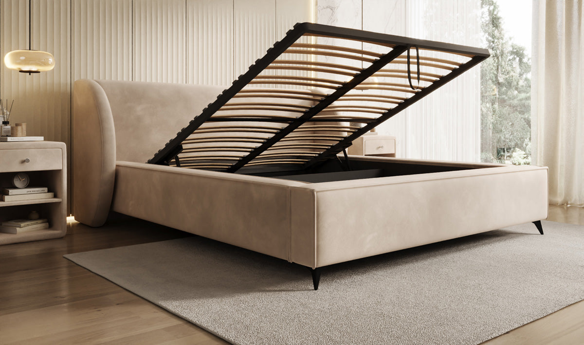 Designer gestoffeerd bed Freya in Fluweel met opbergruimte