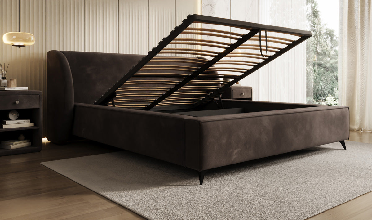 Designer gestoffeerd bed Freya in Fluweel met opbergruimte