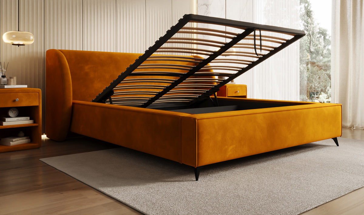 Designer gestoffeerd bed Freya in Fluweel met opbergruimte
