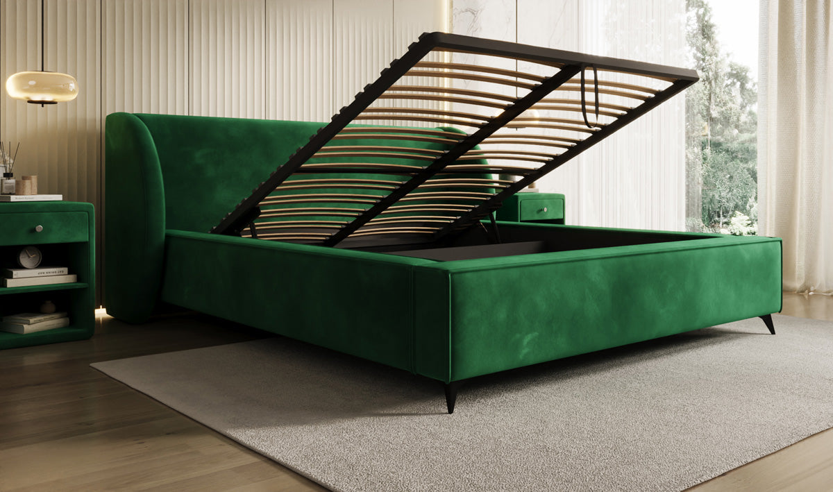 Designer gestoffeerd bed Freya in Fluweel met opbergruimte