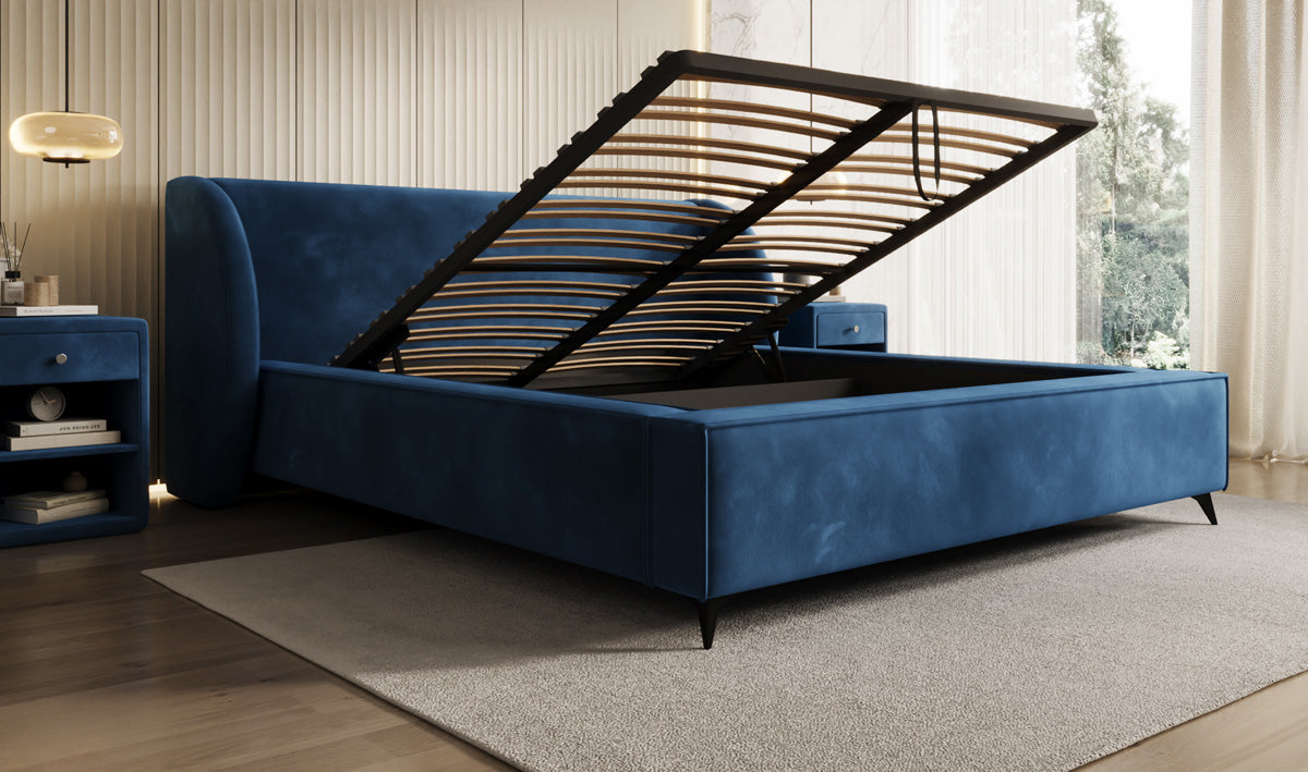 Designer gestoffeerd bed Freya in Fluweel met opbergruimte
