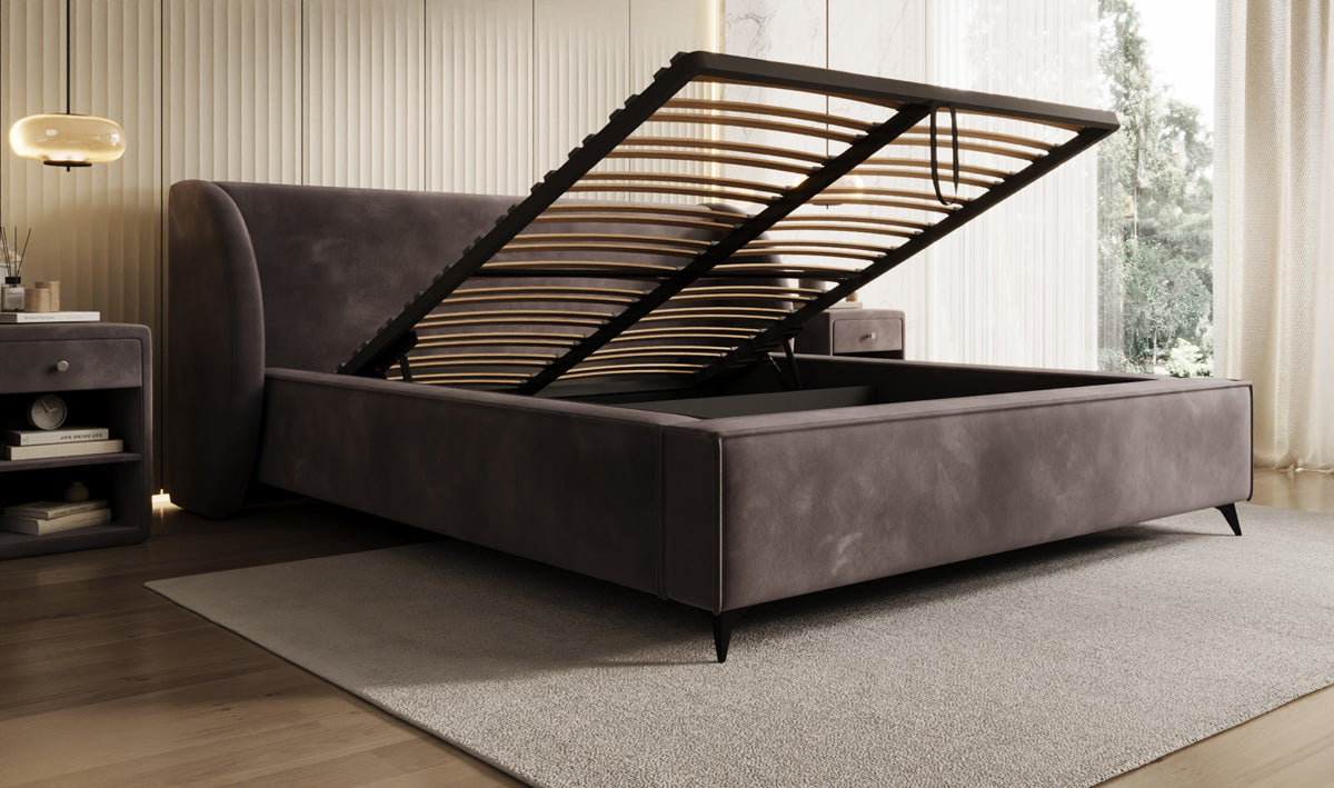 Designer gestoffeerd bed Freya in Fluweel met opbergruimte