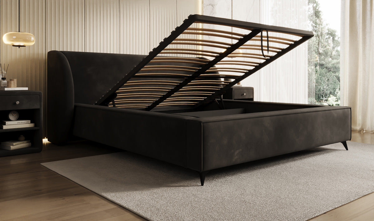 Designer gestoffeerd bed Freya in Fluweel met opbergruimte