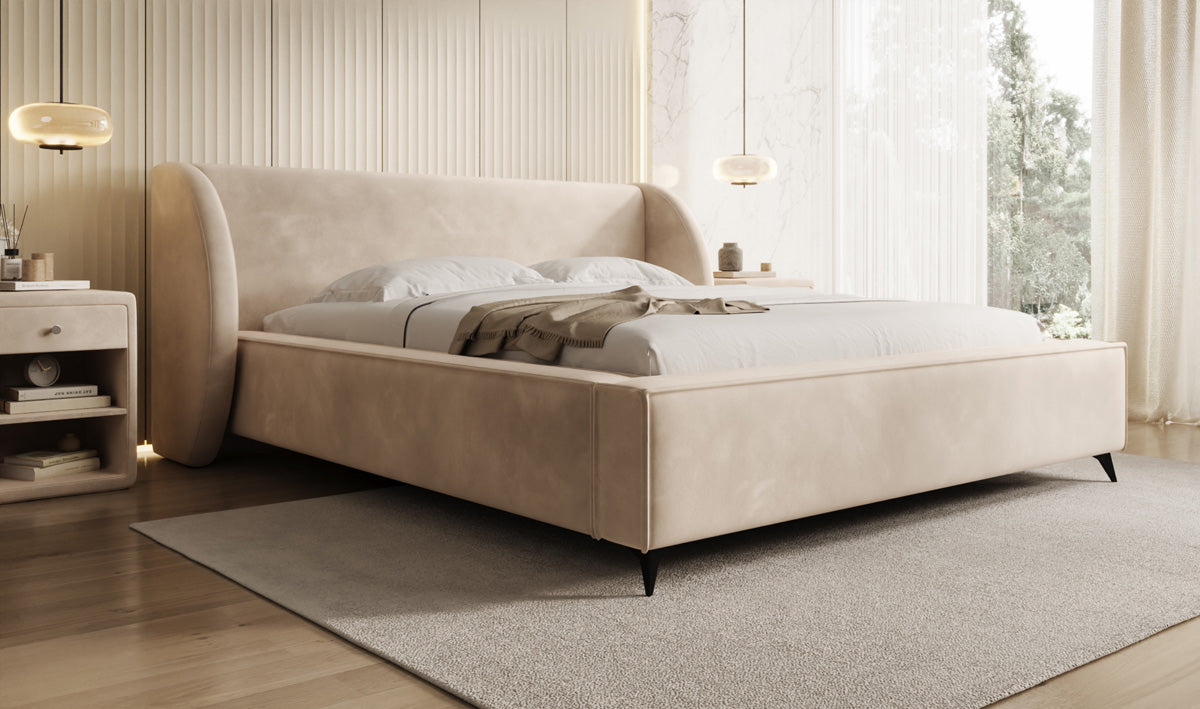 Designer gestoffeerd bed Freya in Fluweel met opbergruimte