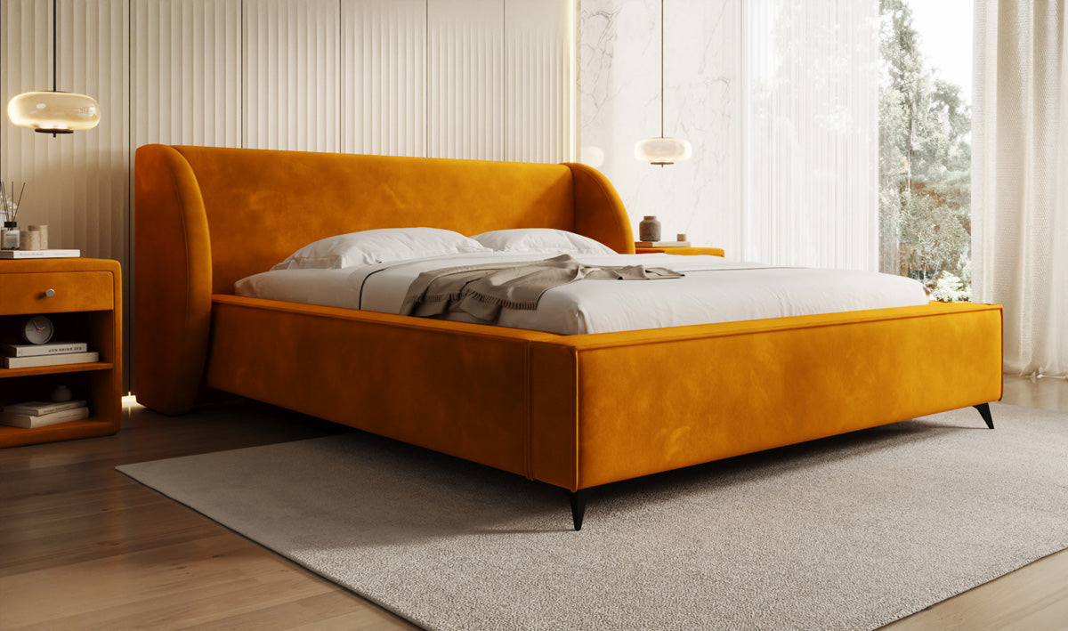 Designer gestoffeerd bed Freya in Fluweel met opbergruimte