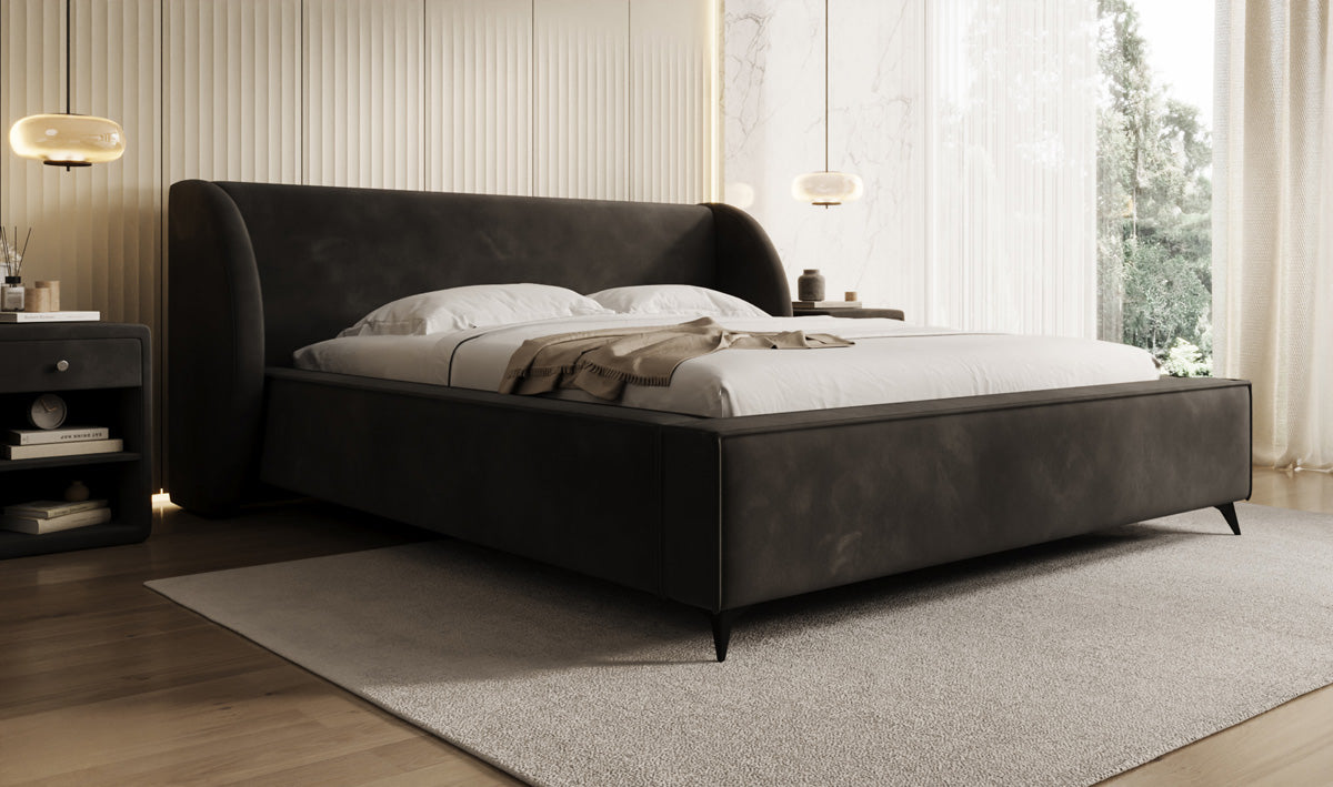 Designer gestoffeerd bed Freya in Fluweel met opbergruimte