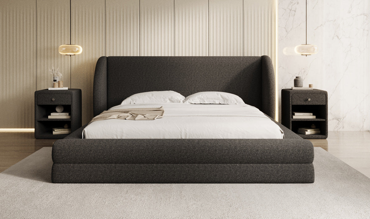 Design gestoffeerd bed Liv in Teddystof Bouclé met opbergruimte