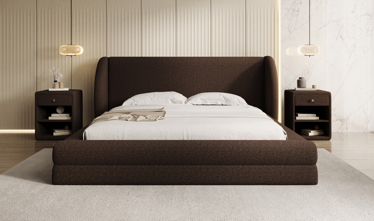Design gestoffeerd bed Liv in Teddystof Bouclé met opbergruimte