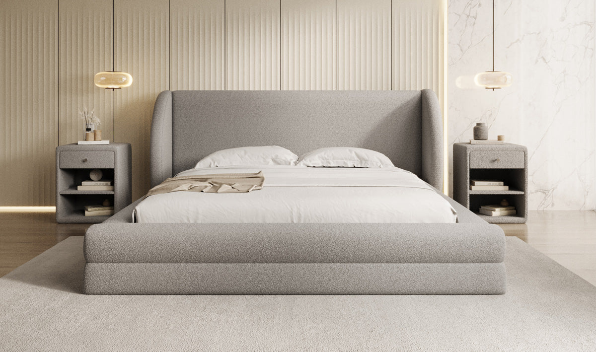 Design gestoffeerd bed Liv in Teddystof Bouclé met opbergruimte