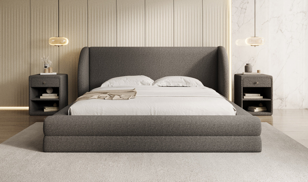 Design gestoffeerd bed Liv in Teddystof Bouclé met opbergruimte
