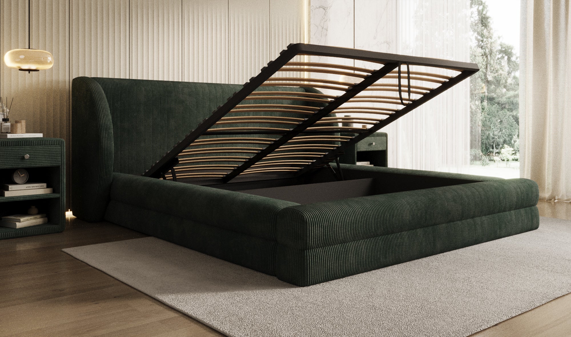 Designer gestoffeerd bed Liv Ribstof met opbergruimte
