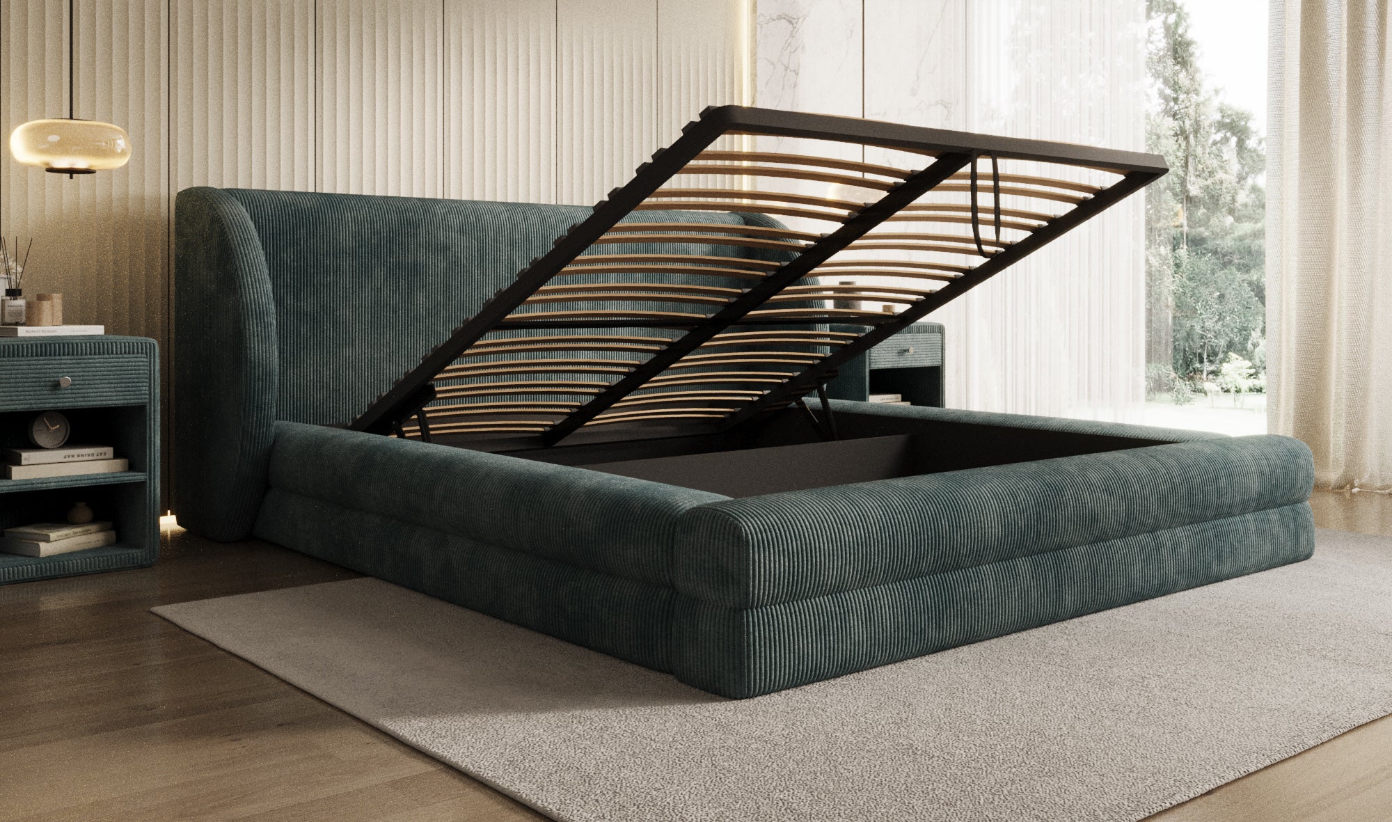 Designer gestoffeerd bed Liv Ribstof met opbergruimte