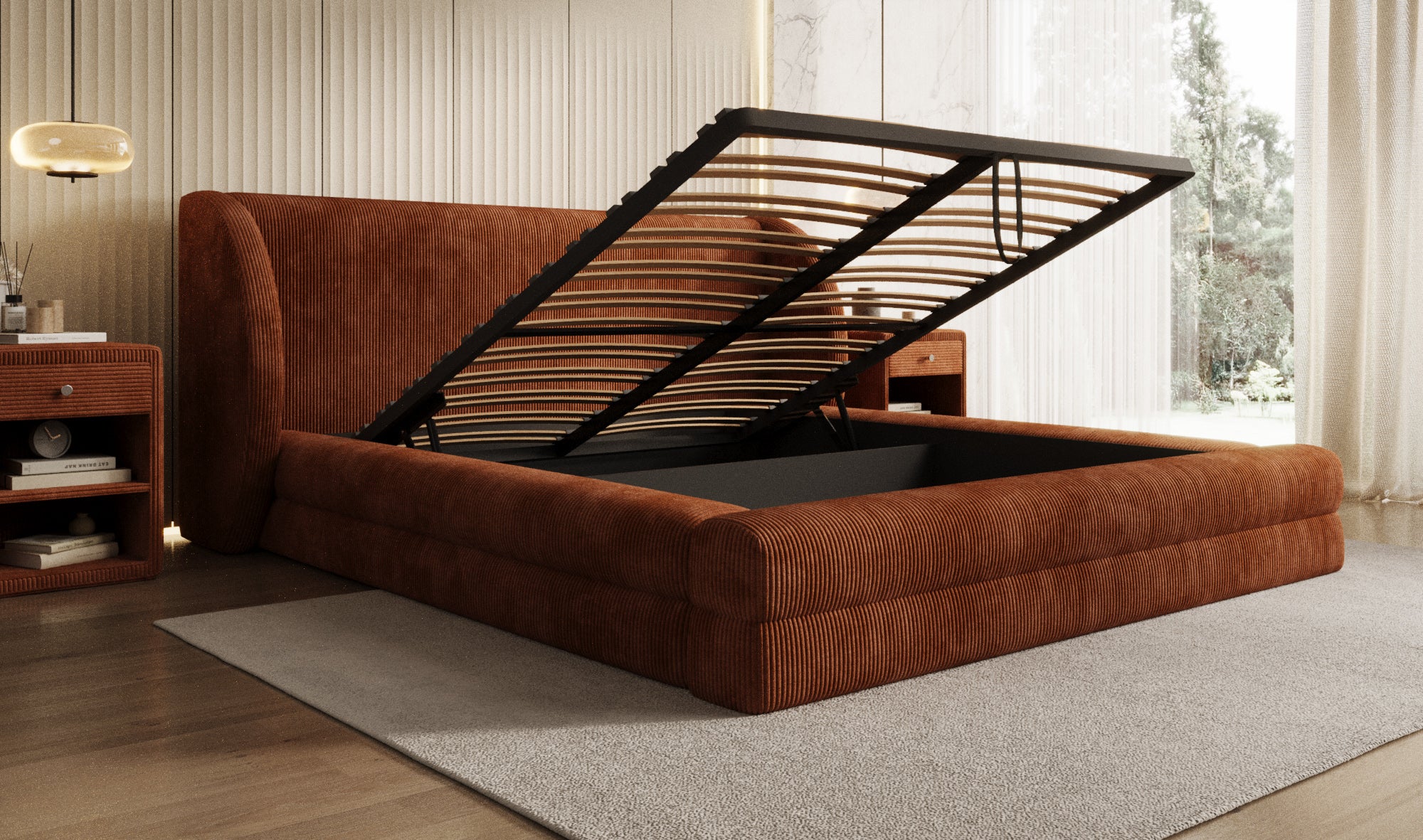Designer gestoffeerd bed Liv Ribstof met opbergruimte