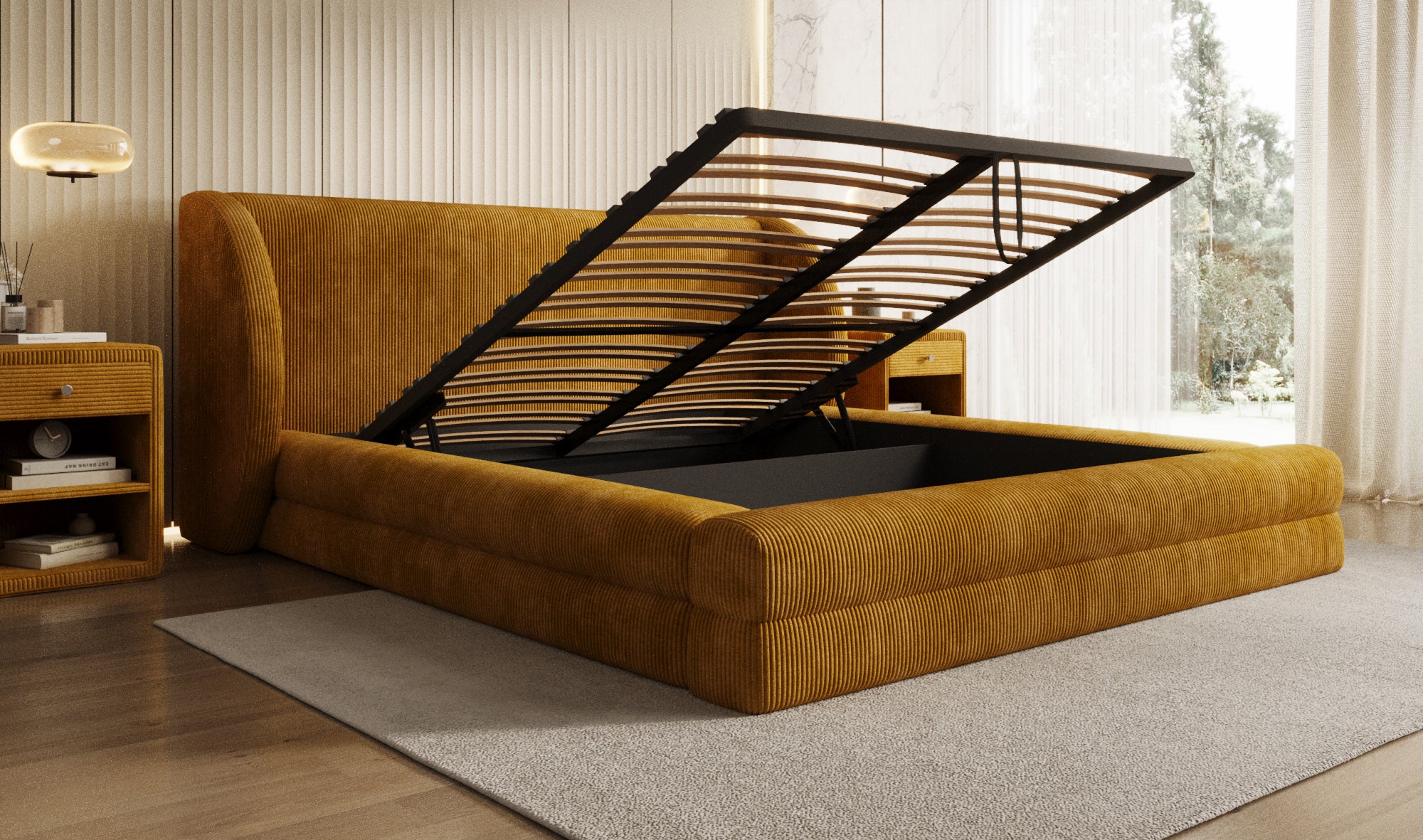 Designer gestoffeerd bed Liv Ribstof met opbergruimte