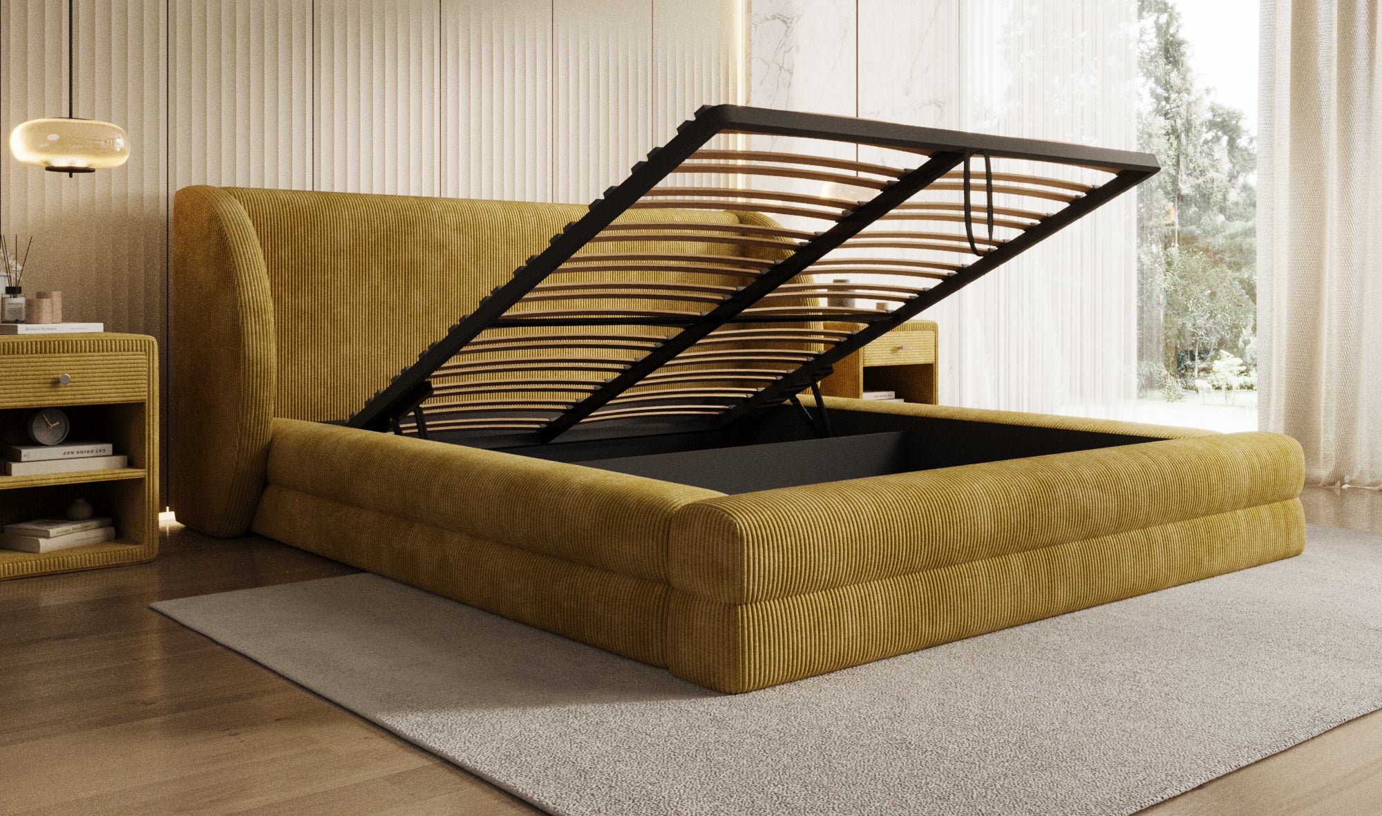 Designer gestoffeerd bed Liv Ribstof met opbergruimte