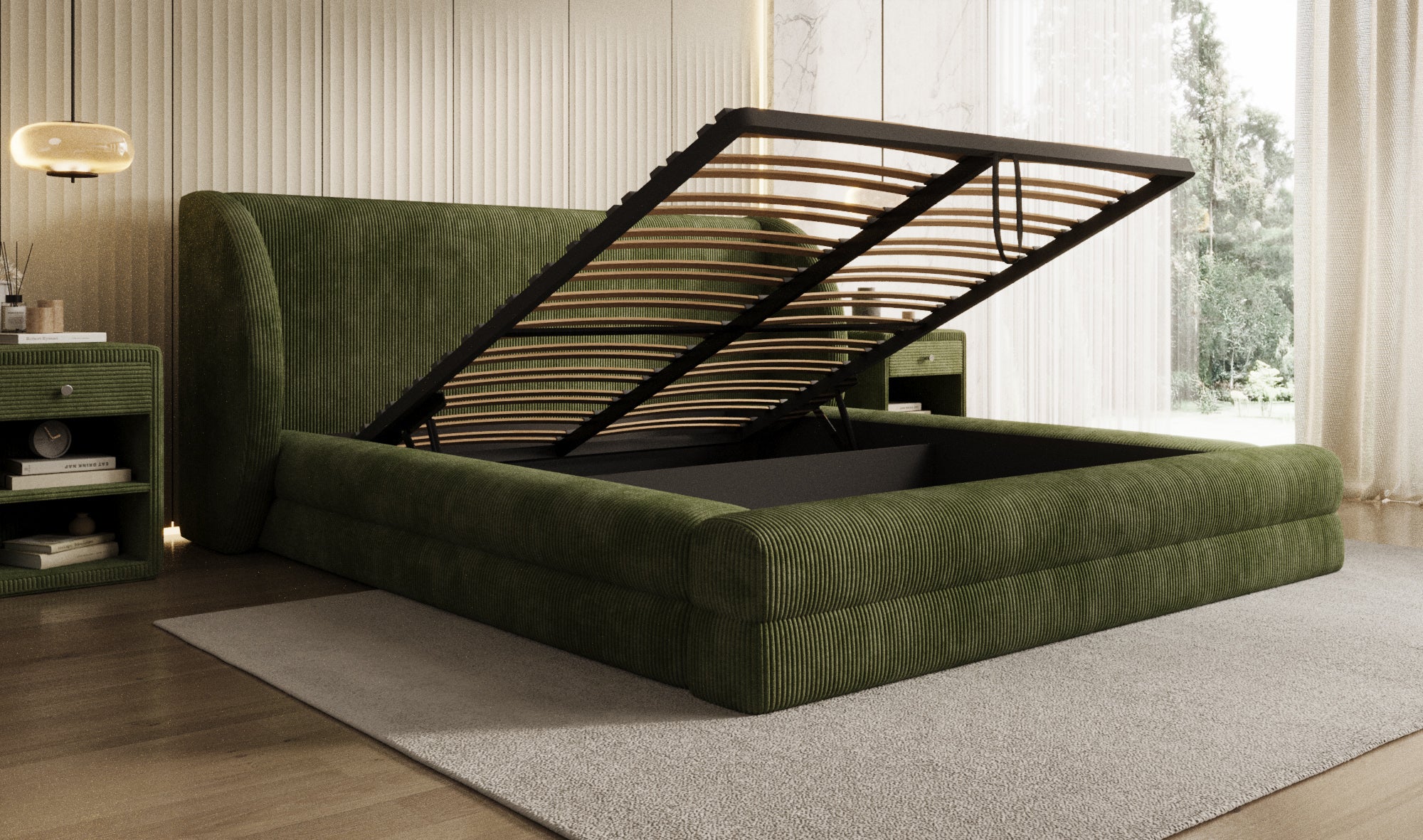 Designer gestoffeerd bed Liv Ribstof met opbergruimte