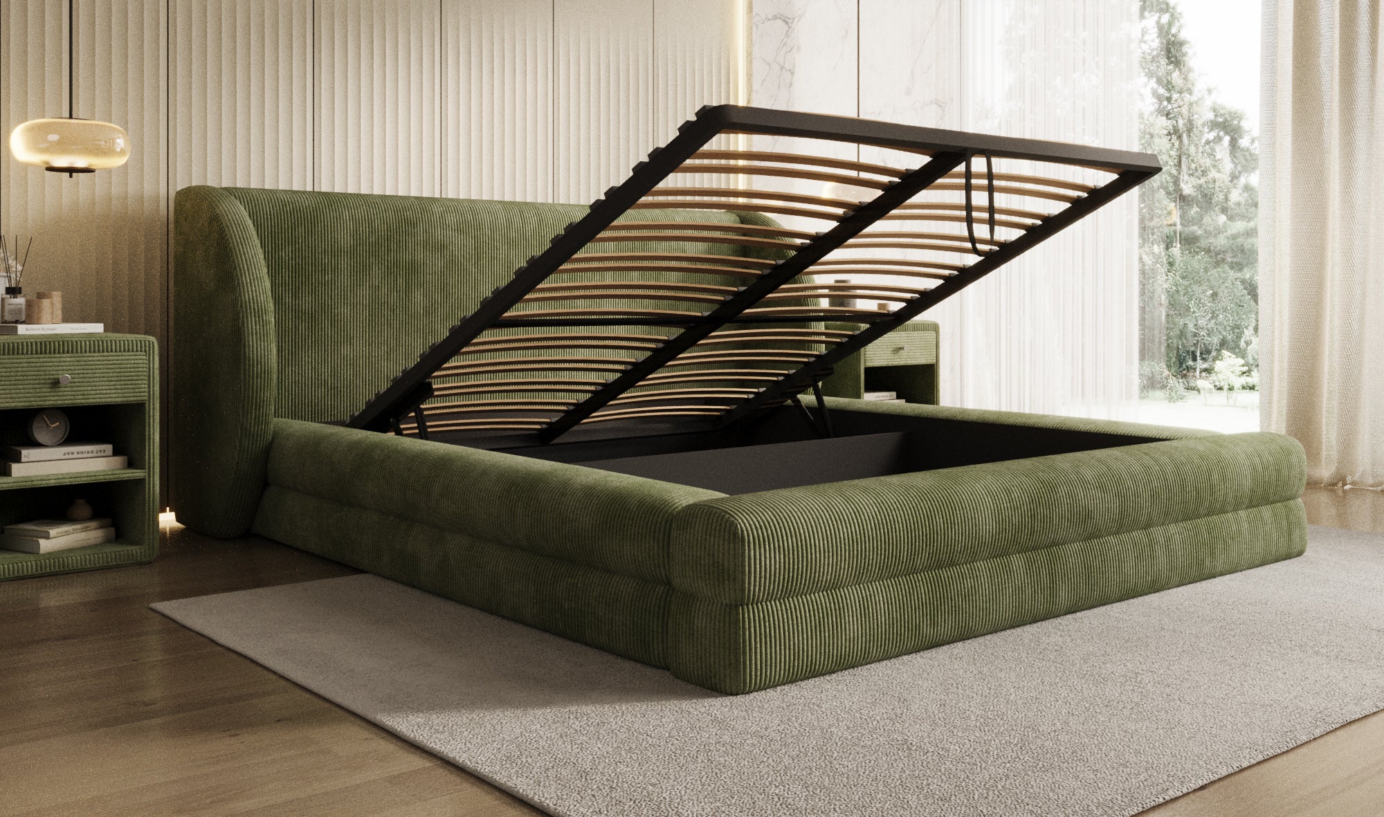 Designer gestoffeerd bed Liv Ribstof met opbergruimte