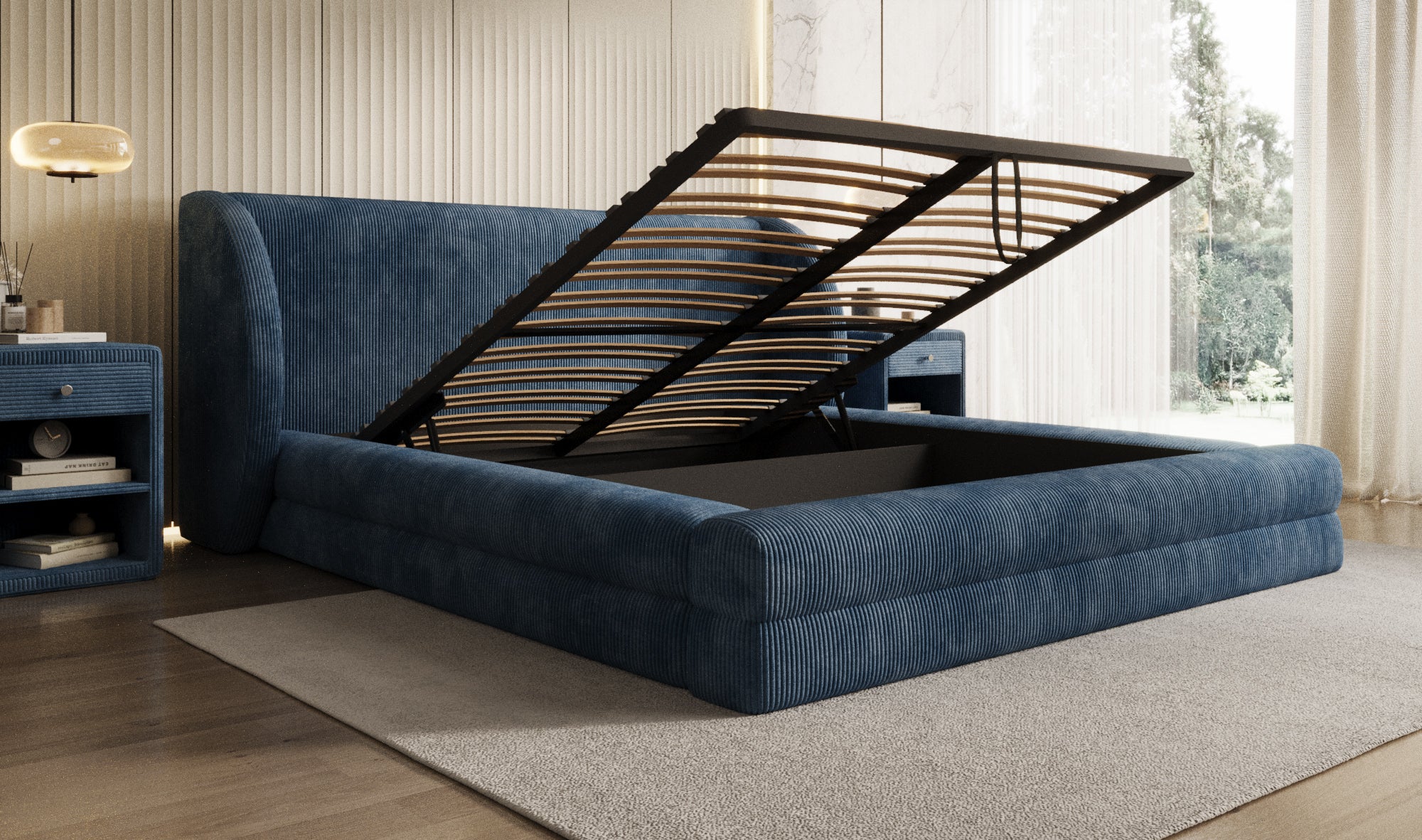 Designer gestoffeerd bed Liv Ribstof met opbergruimte