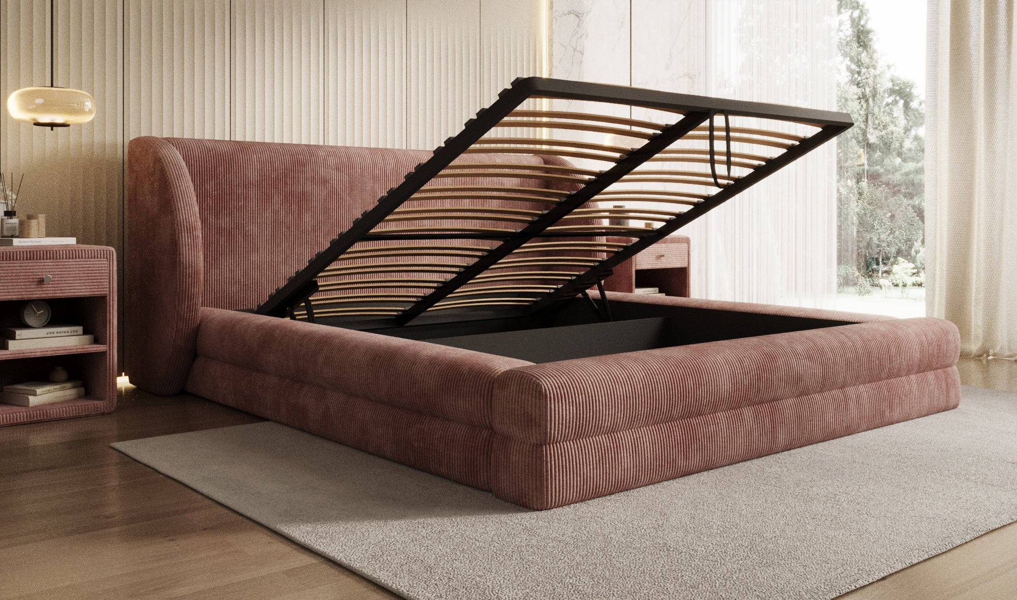 Designer gestoffeerd bed Liv Ribstof met opbergruimte