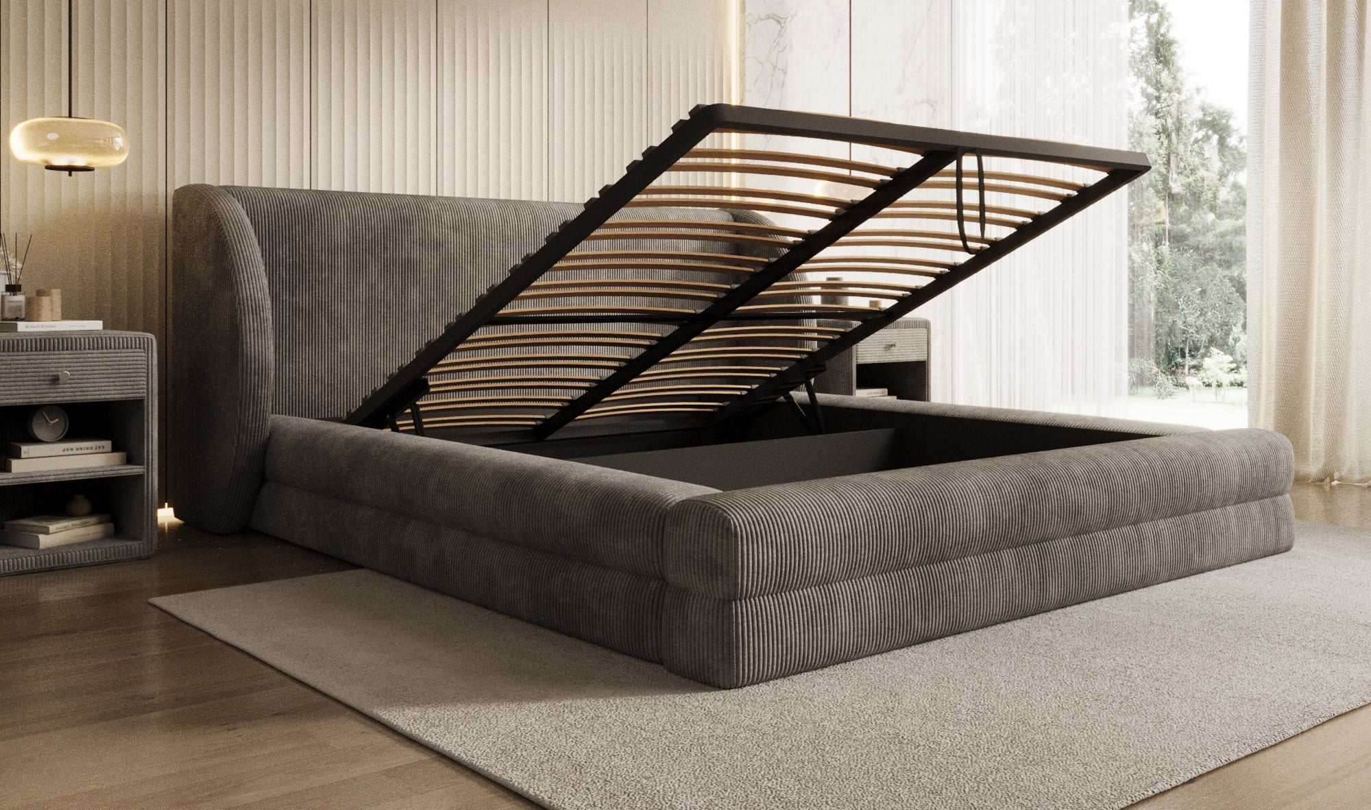 Designer gestoffeerd bed Liv Ribstof met opbergruimte