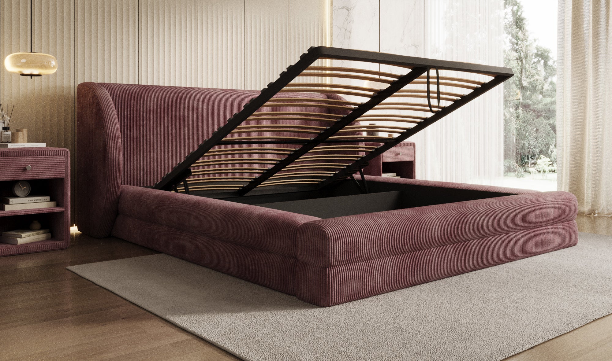 Designer gestoffeerd bed Liv Ribstof met opbergruimte