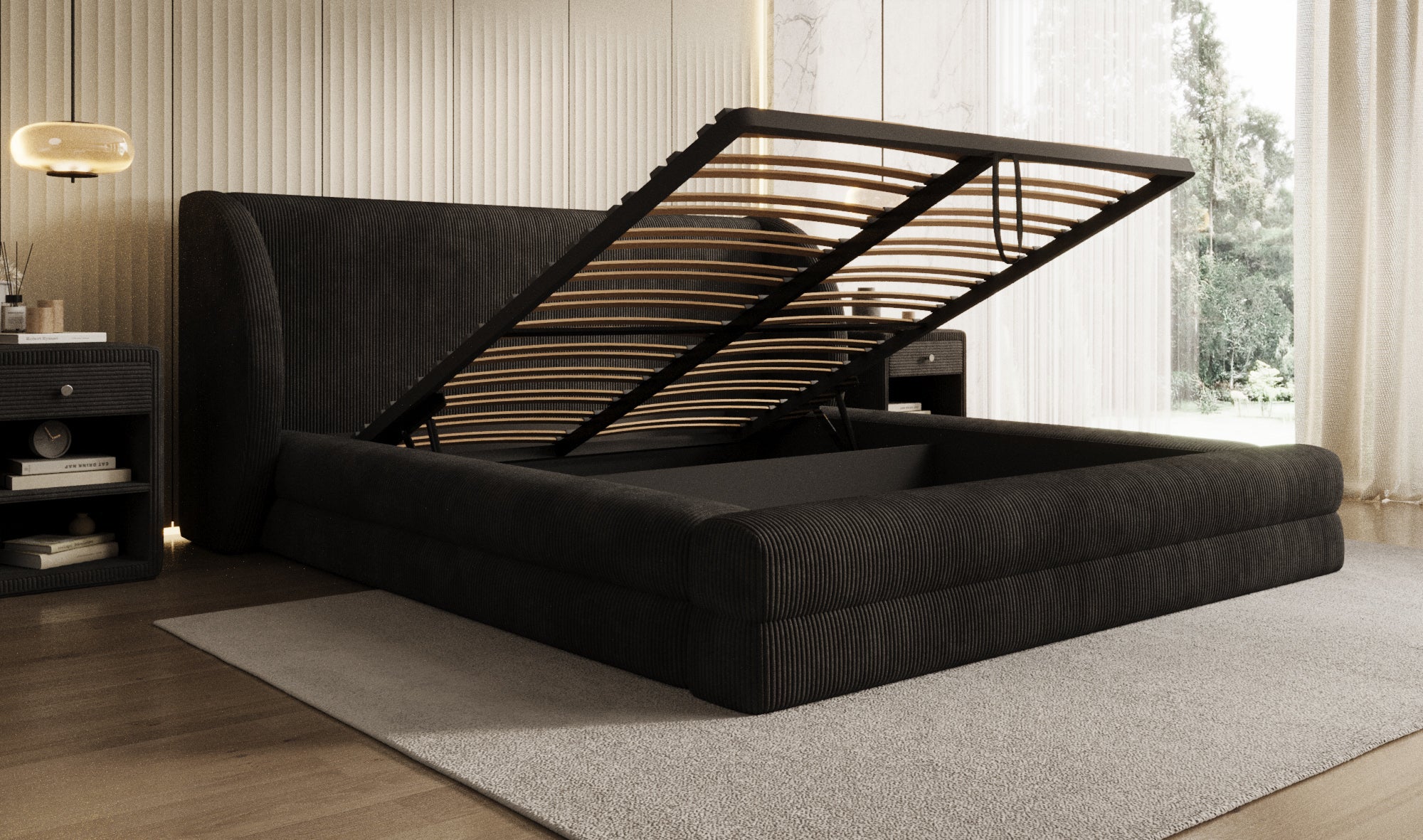 Designer gestoffeerd bed Liv Ribstof met opbergruimte