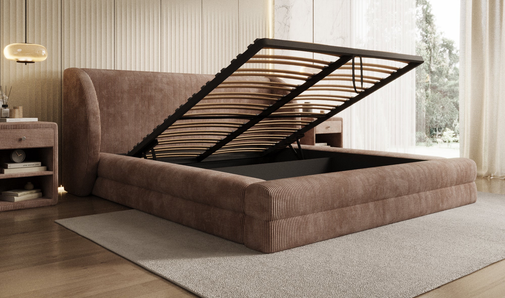 Designer gestoffeerd bed Liv Ribstof met opbergruimte