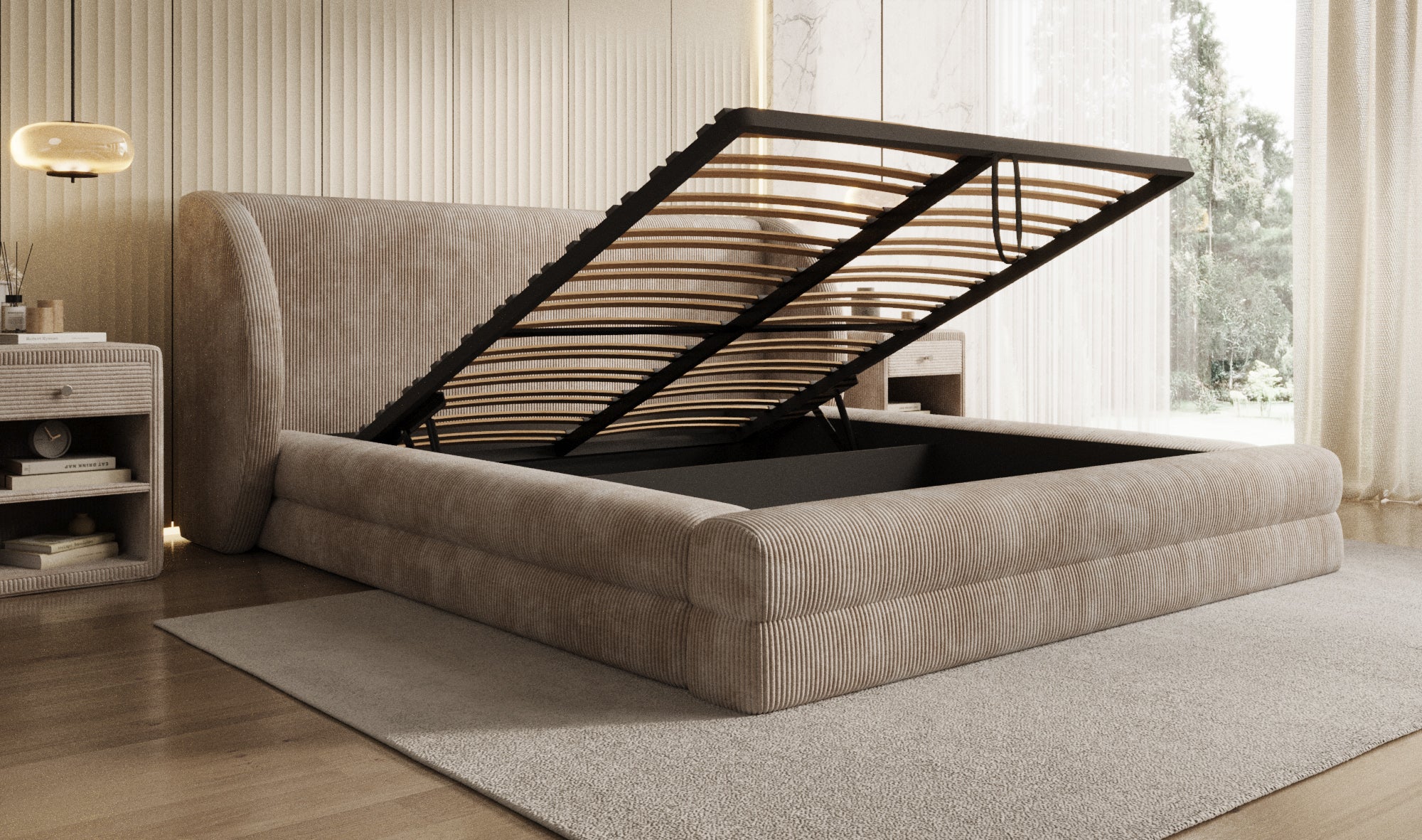 Designer gestoffeerd bed Liv Ribstof met opbergruimte