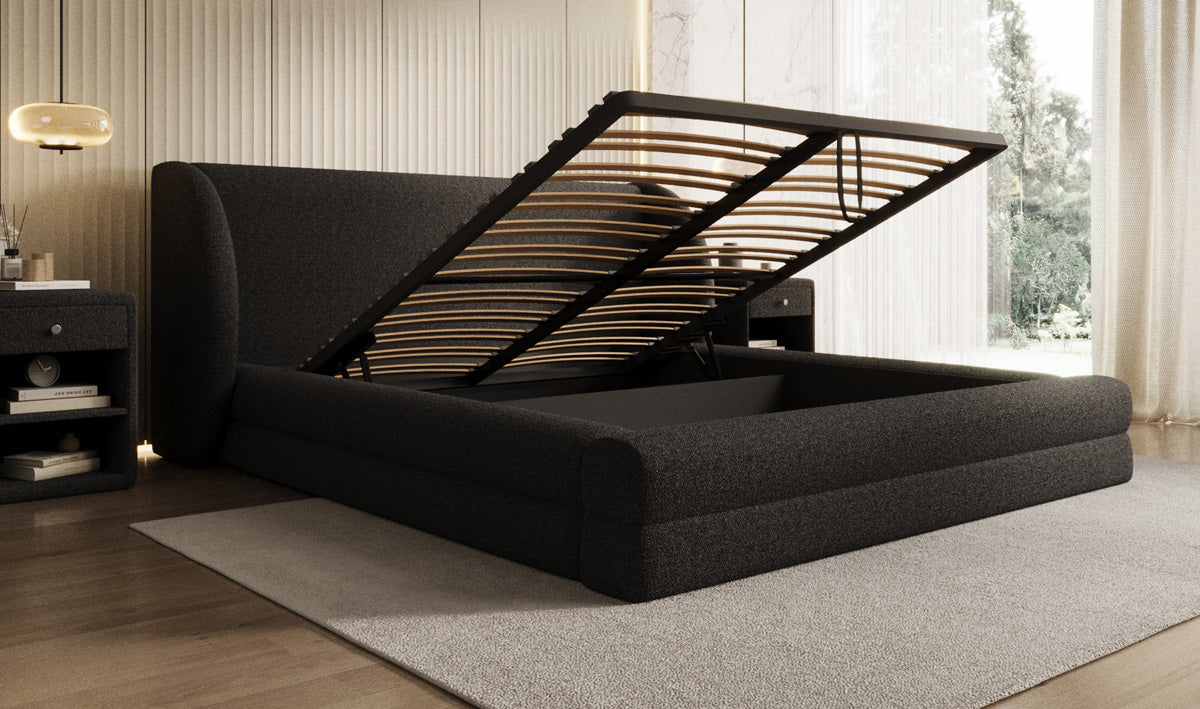 Design gestoffeerd bed Liv in Teddystof Bouclé met opbergruimte