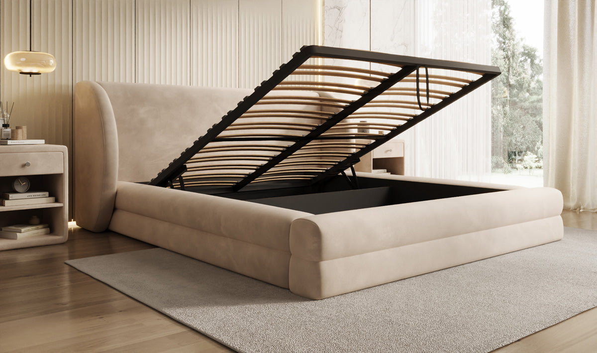 Designer gestoffeerd bed Liv in Fluweel met opbergruimte