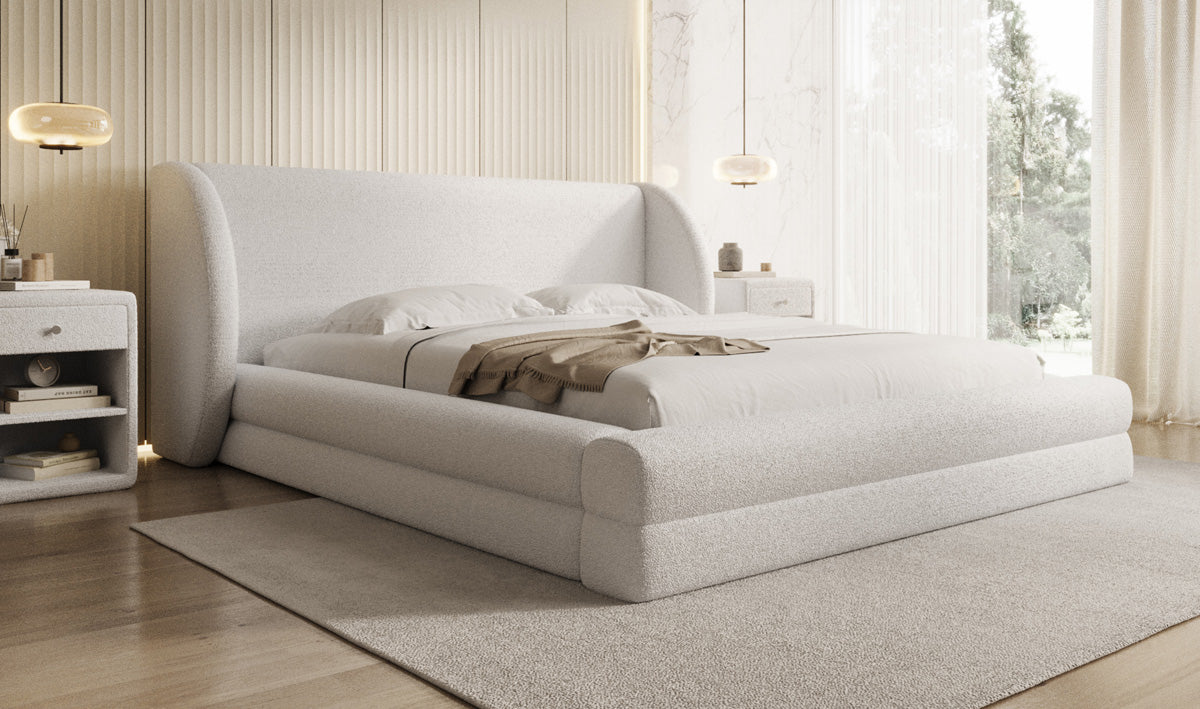 Design gestoffeerd bed Liv in Teddystof Bouclé met opbergruimte