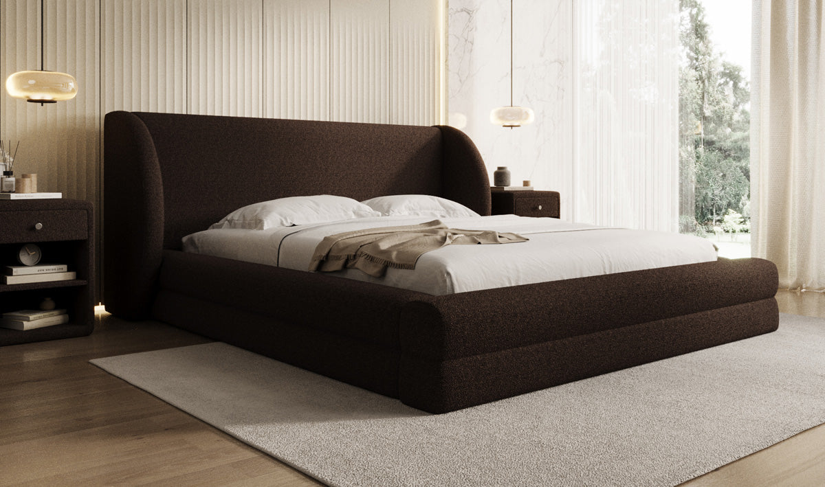 Design gestoffeerd bed Liv in Teddystof Bouclé met opbergruimte