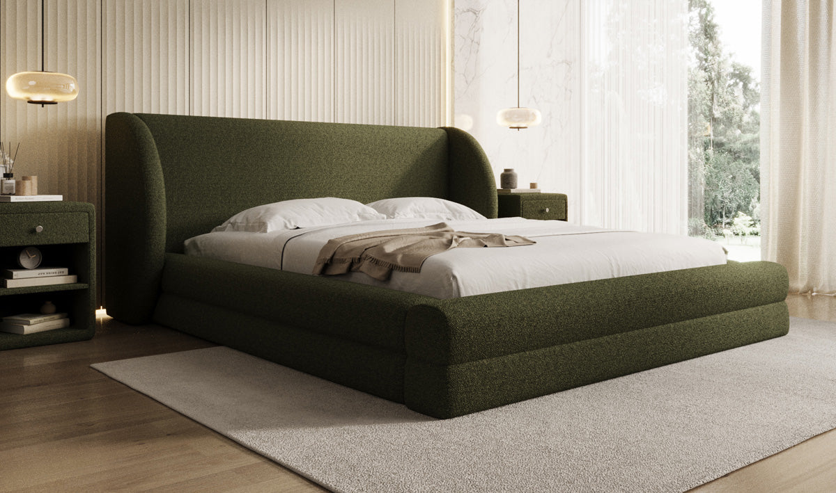 Design gestoffeerd bed Liv in Teddystof Bouclé met opbergruimte