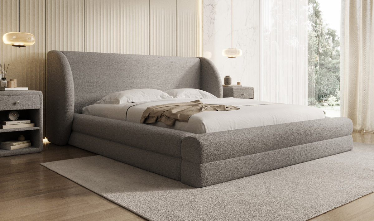 Design gestoffeerd bed Liv in Teddystof Bouclé met opbergruimte