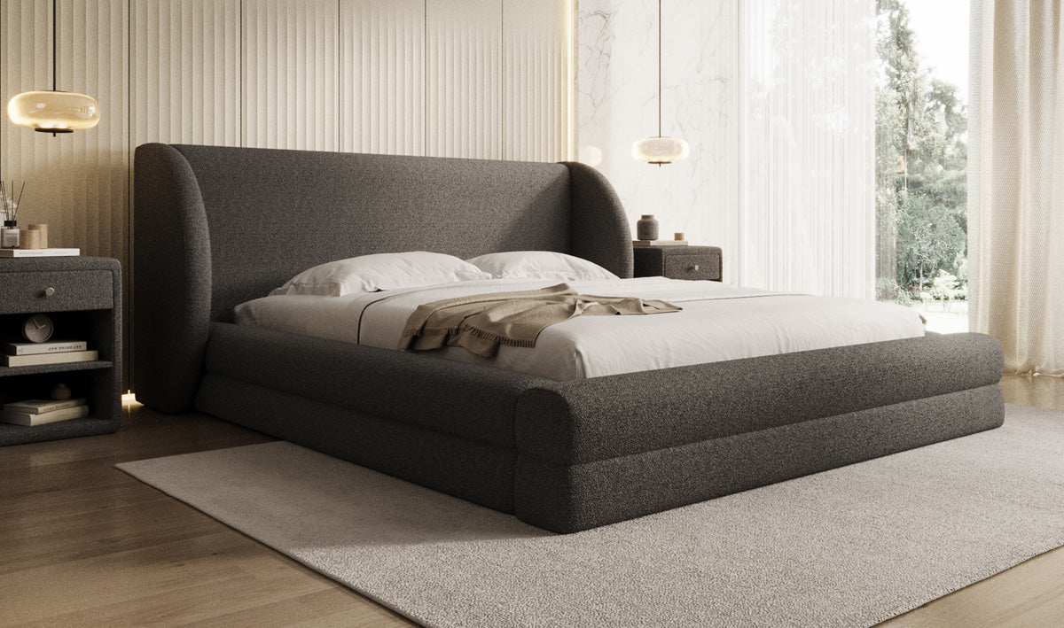 Design gestoffeerd bed Liv in Teddystof Bouclé met opbergruimte