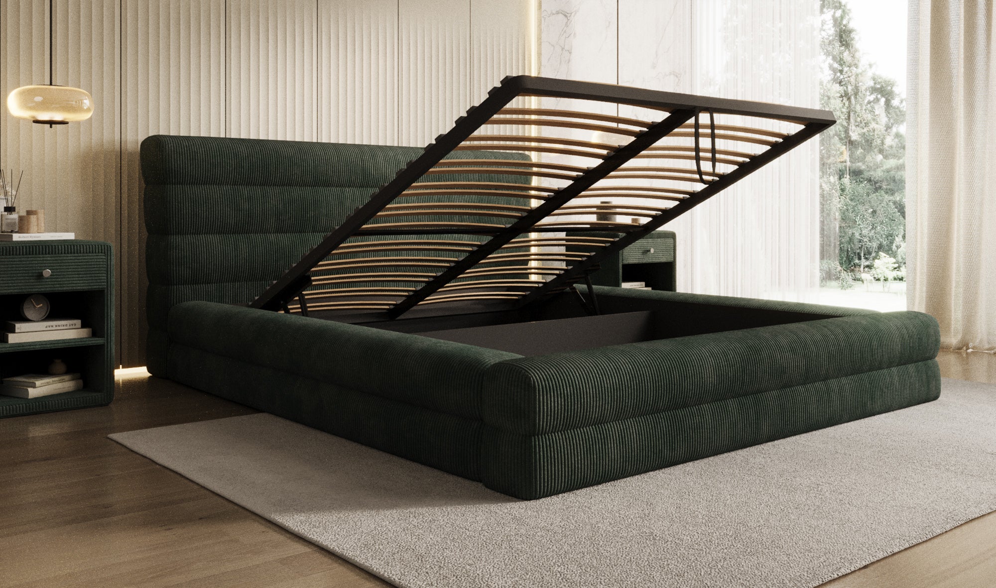 Design gestoffeerd bed Maren Ribstof met opbergruimte