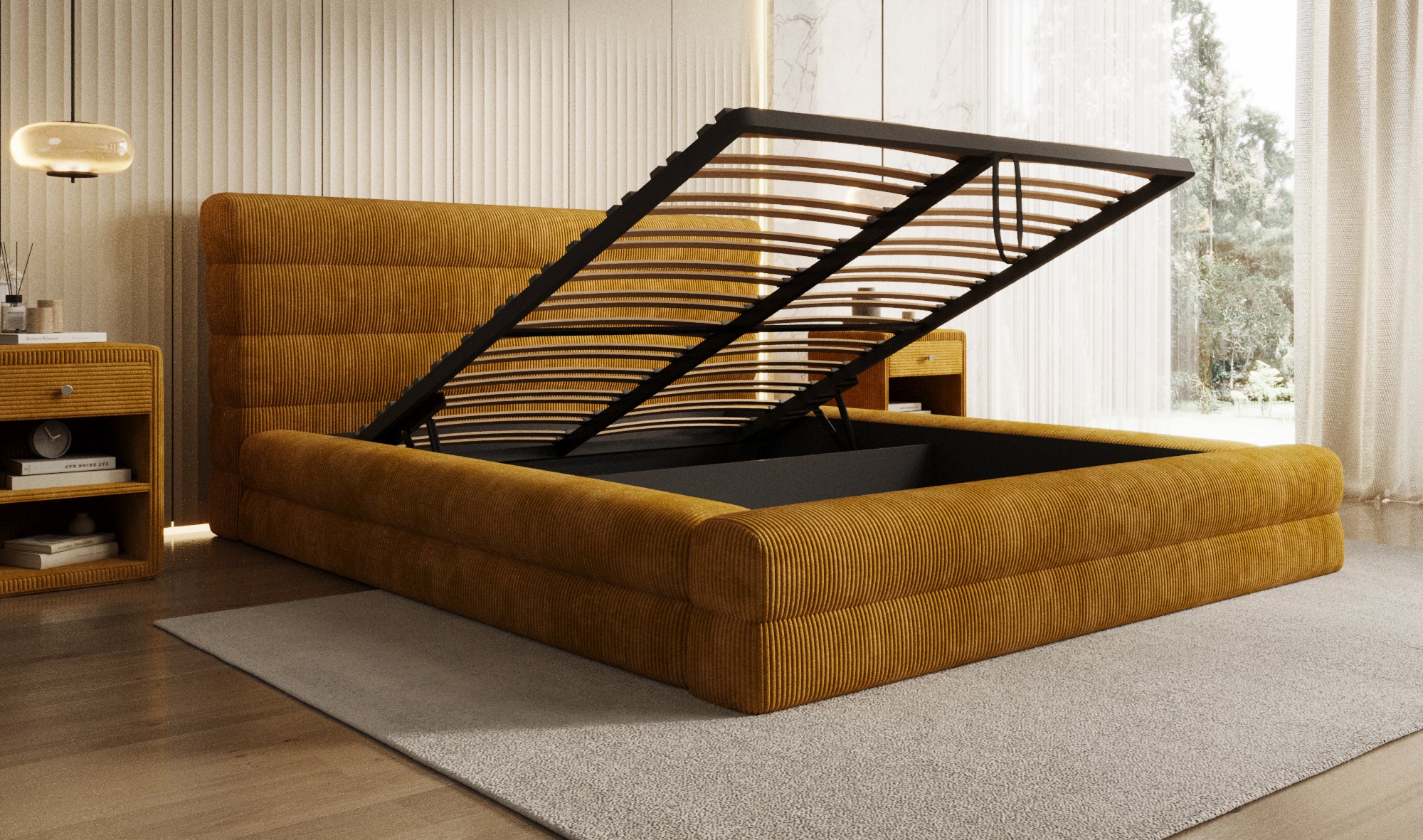 Design gestoffeerd bed Maren Ribstof met opbergruimte