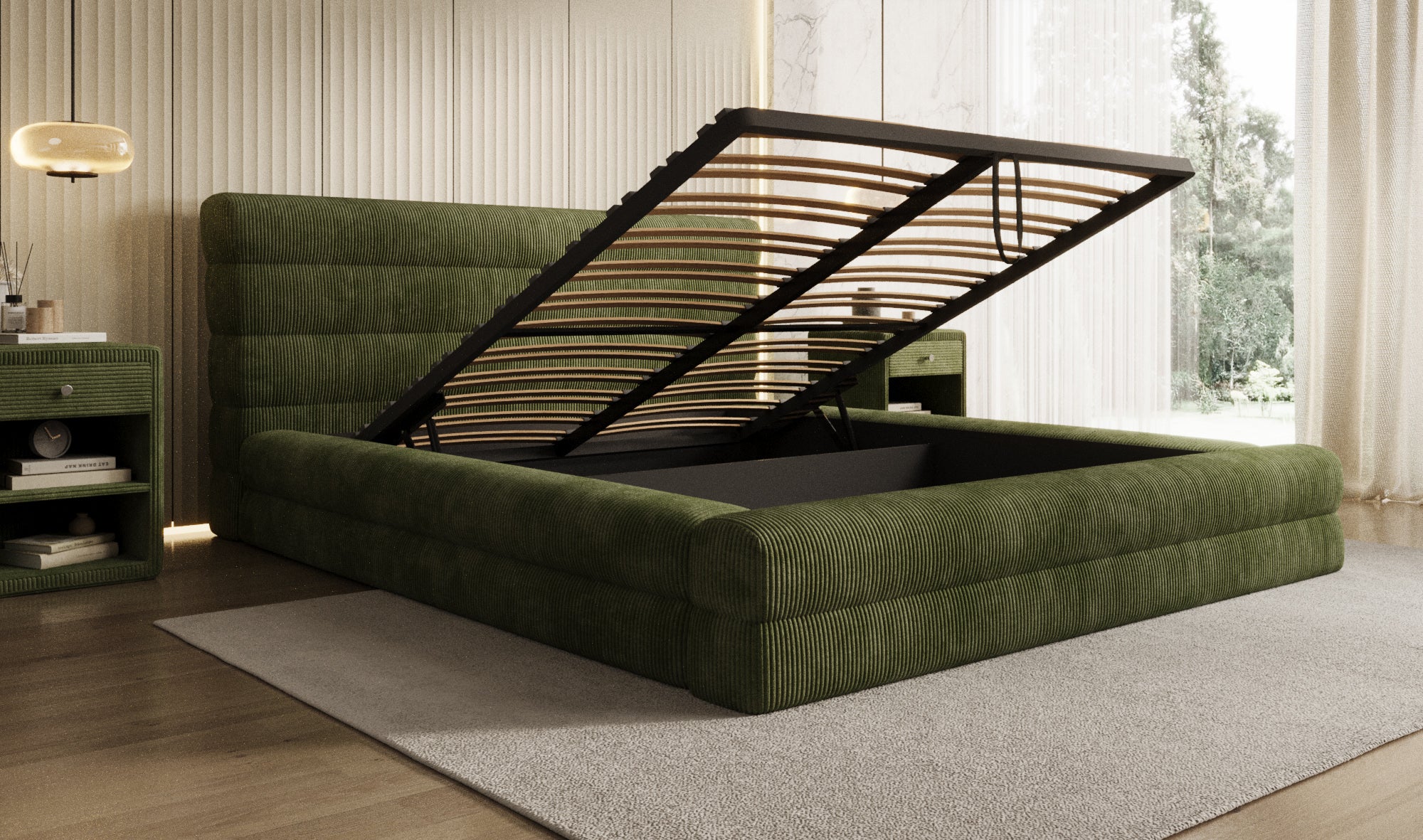Design gestoffeerd bed Maren Ribstof met opbergruimte