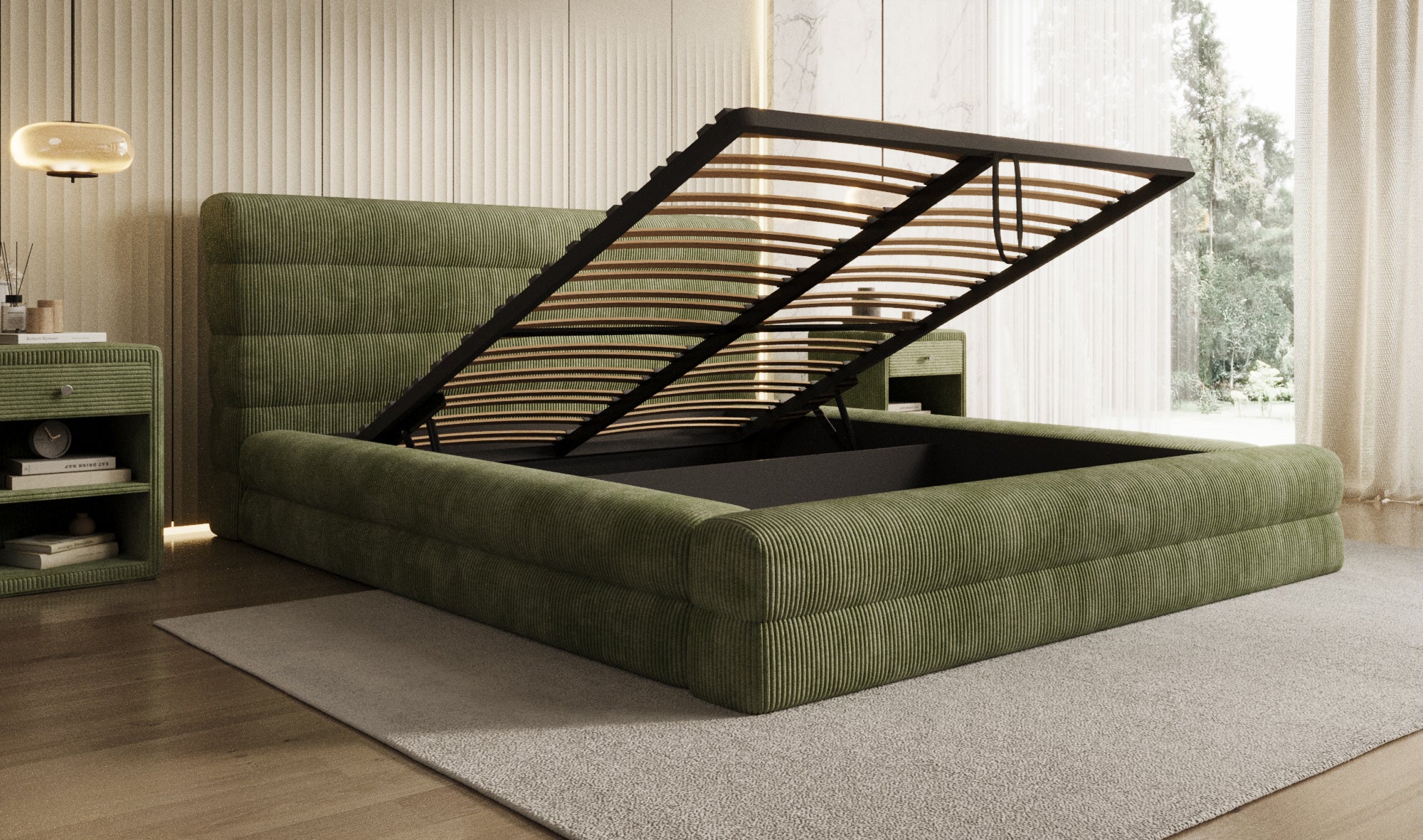 Design gestoffeerd bed Maren Ribstof met opbergruimte