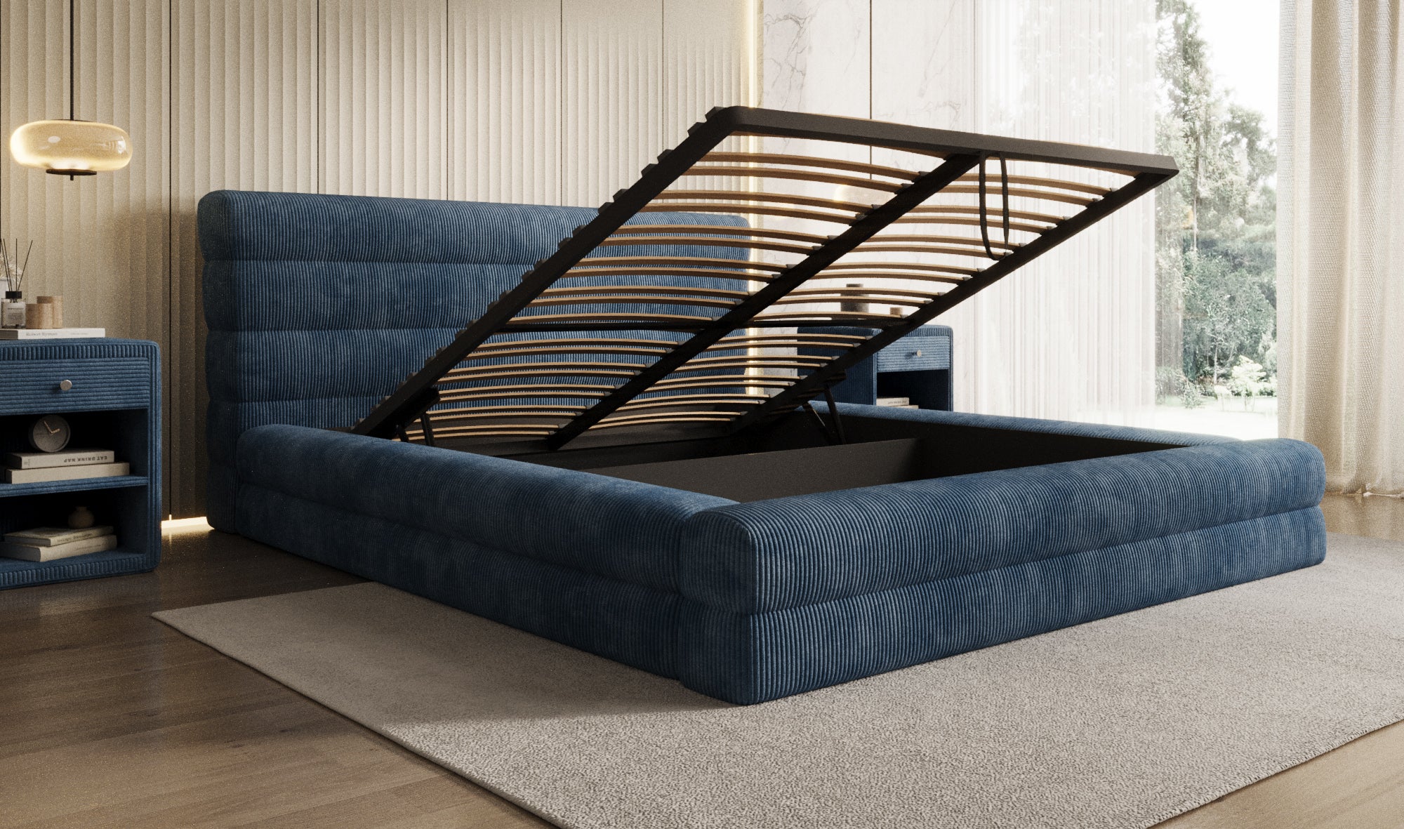 Design gestoffeerd bed Maren Ribstof met opbergruimte