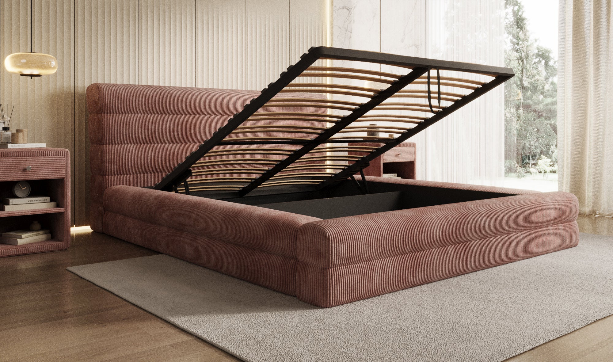 Design gestoffeerd bed Maren Ribstof met opbergruimte