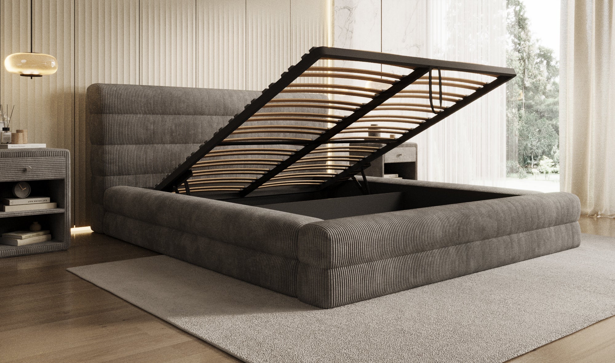 Design gestoffeerd bed Maren Ribstof met opbergruimte