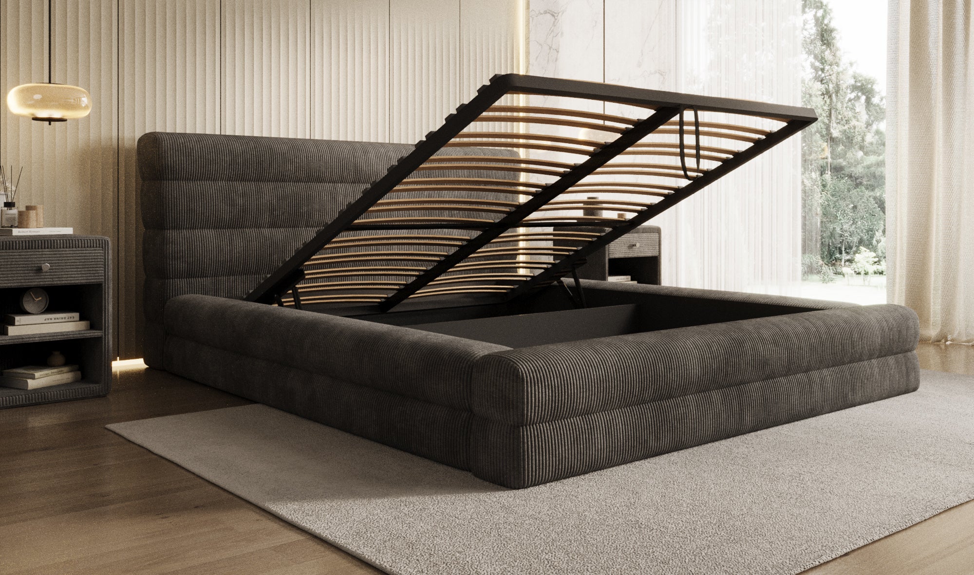 Design gestoffeerd bed Maren Ribstof met opbergruimte